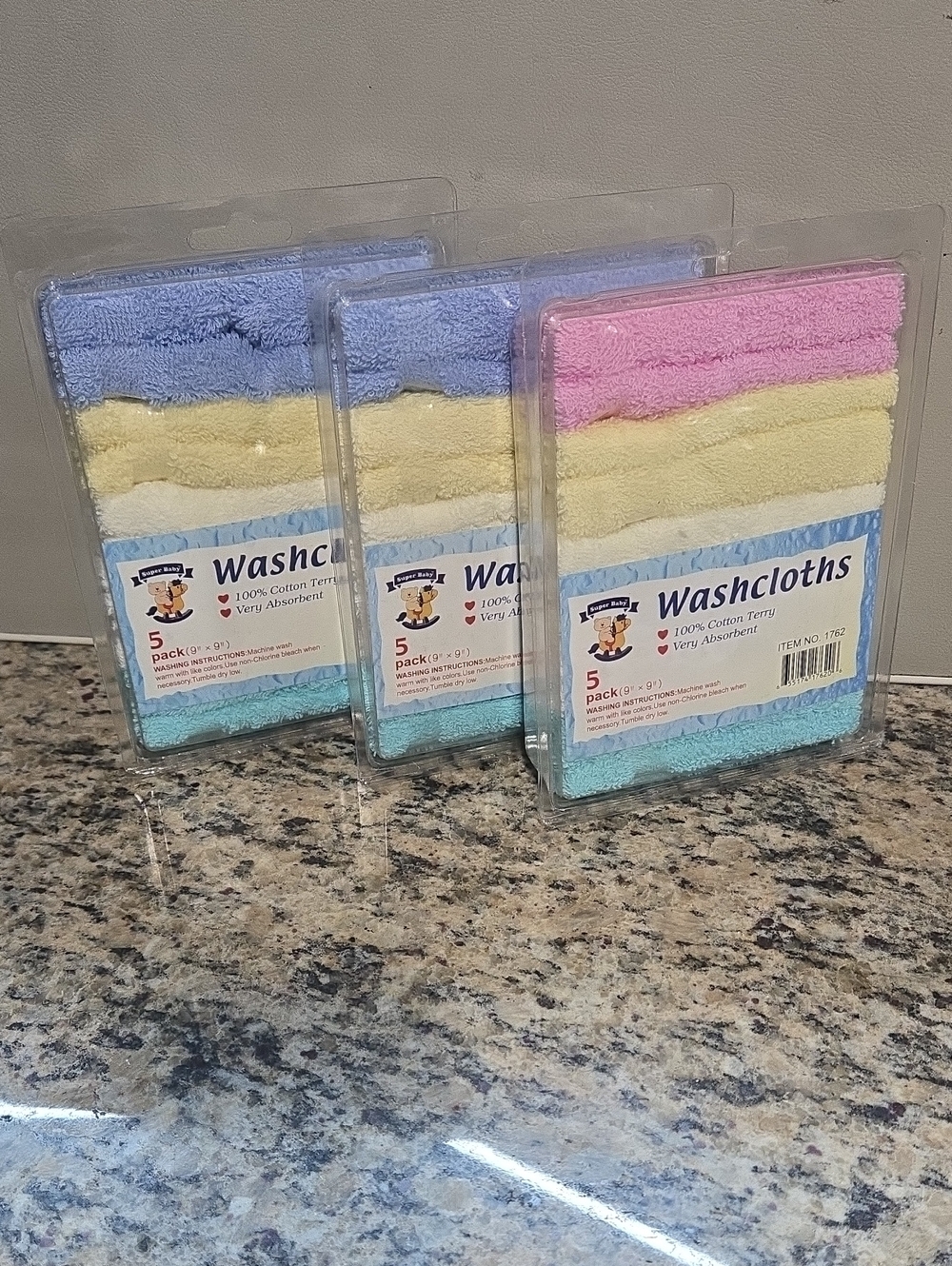 Washcloths 5-Pack Kids Cotton Terry - Pink, Yellow, Blue, White